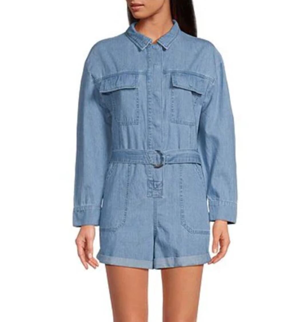 Gianni Bini Charlie Long Sleeve Denim Romper Jumpsuit Utility Blue US 0 NWT